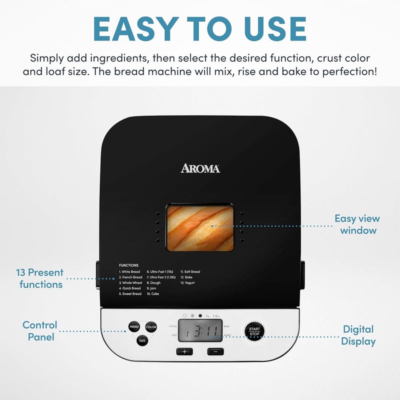 Aroma ® 1.5lbs. Digital Bread Maker with Crust Customization, Clear-View Lid, and Nonstick Baking Pan, Black (ABM-250) - Image 4